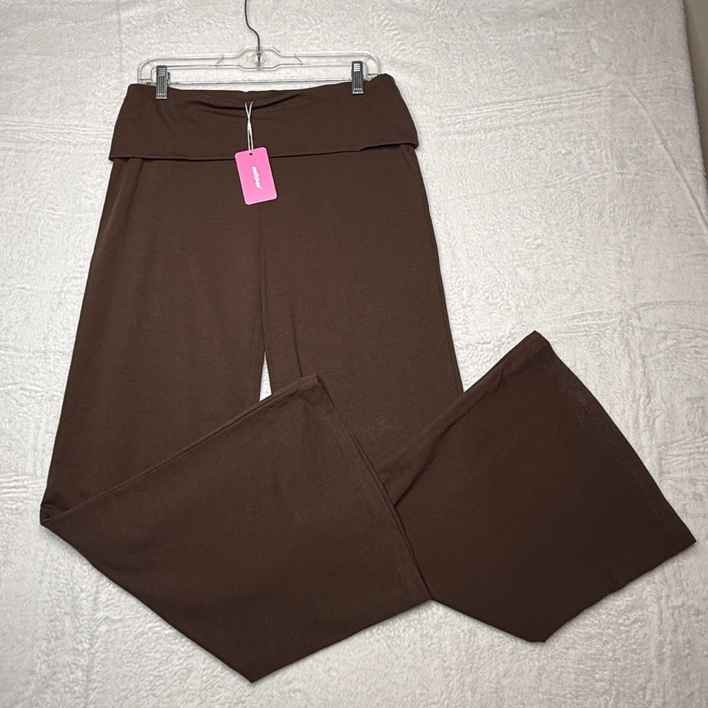 Edikted Brown Wide Leg Fold Over Waist Yoga Flare Pants Large NWOT